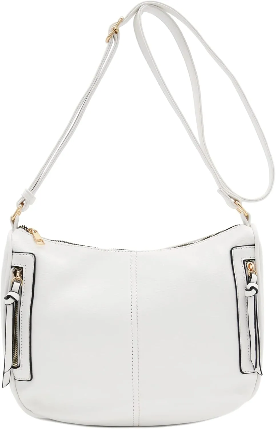 FashionPuzzle Faux Leather Two Front Zipper Pocket Crossbody Saddle Bag (White)