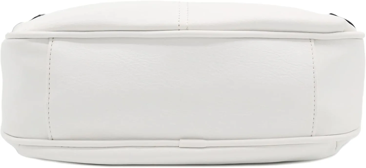 FashionPuzzle Faux Leather Two Front Zipper Pocket Crossbody Saddle Bag (White)