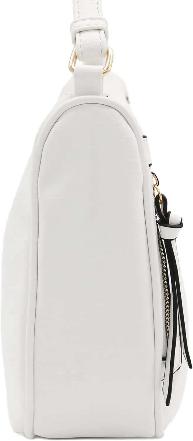 FashionPuzzle Faux Leather Two Front Zipper Pocket Crossbody Saddle Bag (White)