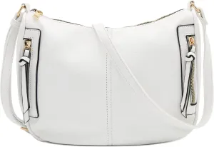 FashionPuzzle Faux Leather Two Front Zipper Pocket Crossbody Saddle Bag (White)