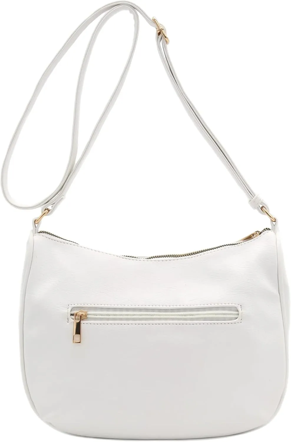 FashionPuzzle Faux Leather Two Front Zipper Pocket Crossbody Saddle Bag (White)