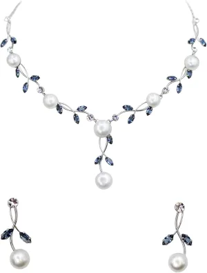 Faship Gorgeous CZ Crystal Genuine Freshwater Pearls Floral Necklace Earrings Set