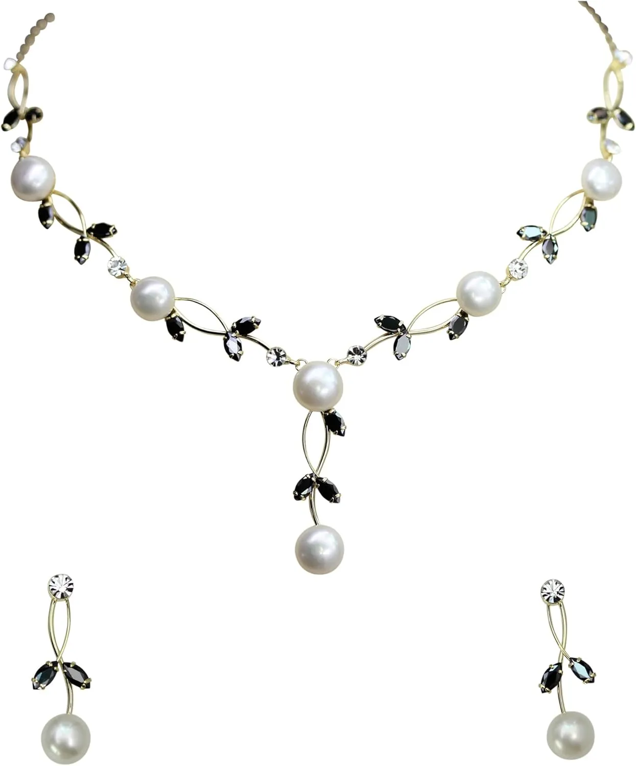 Faship Gorgeous CZ Crystal Genuine Freshwater Pearls Floral Necklace Earrings Set