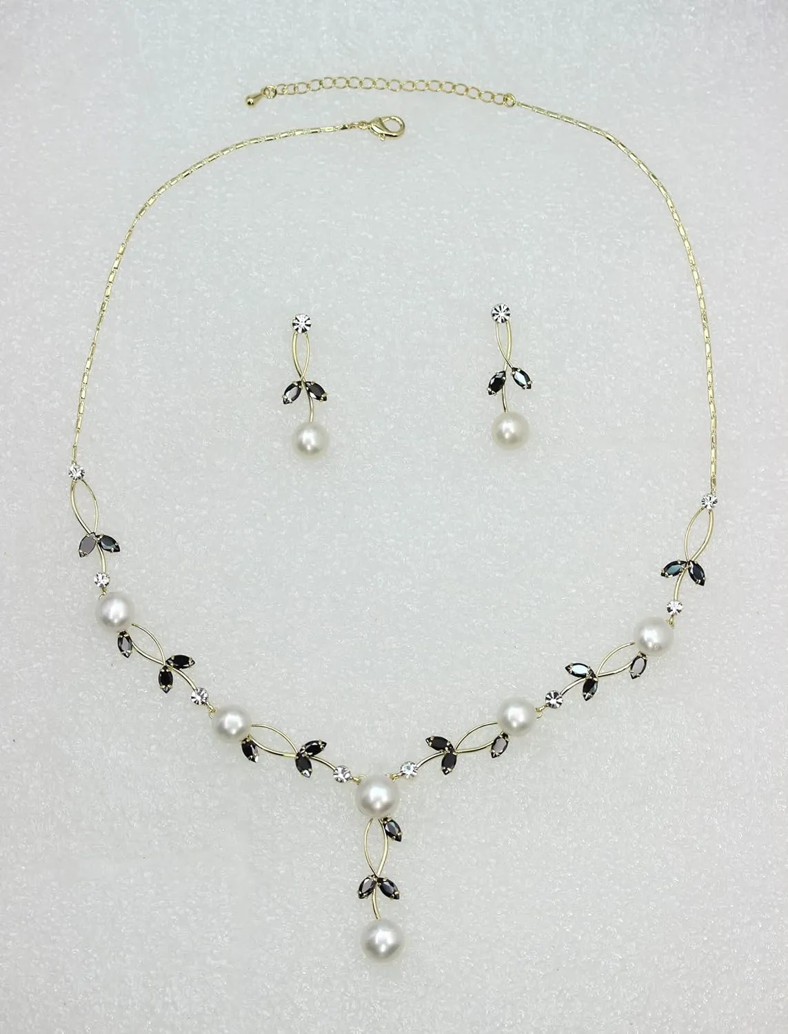 Faship Gorgeous CZ Crystal Genuine Freshwater Pearls Floral Necklace Earrings Set