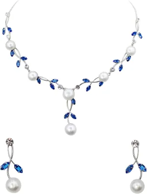 Faship Gorgeous CZ Crystal Genuine Freshwater Pearls Floral Necklace Earrings Set