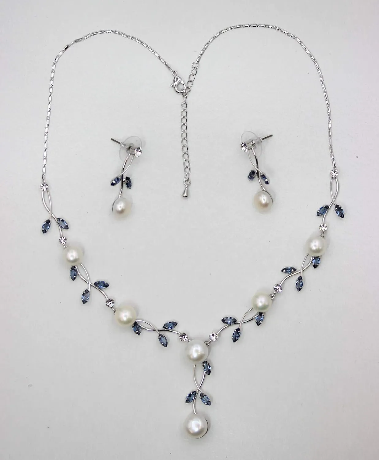 Faship Gorgeous CZ Crystal Genuine Freshwater Pearls Floral Necklace Earrings Set