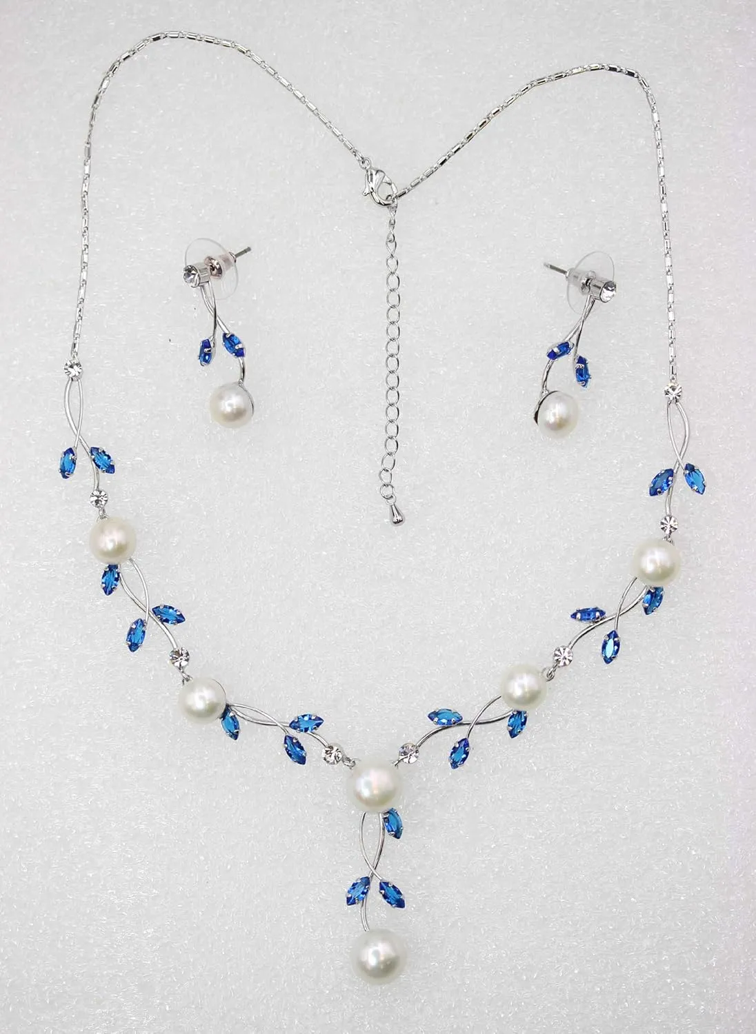Faship Gorgeous CZ Crystal Genuine Freshwater Pearls Floral Necklace Earrings Set