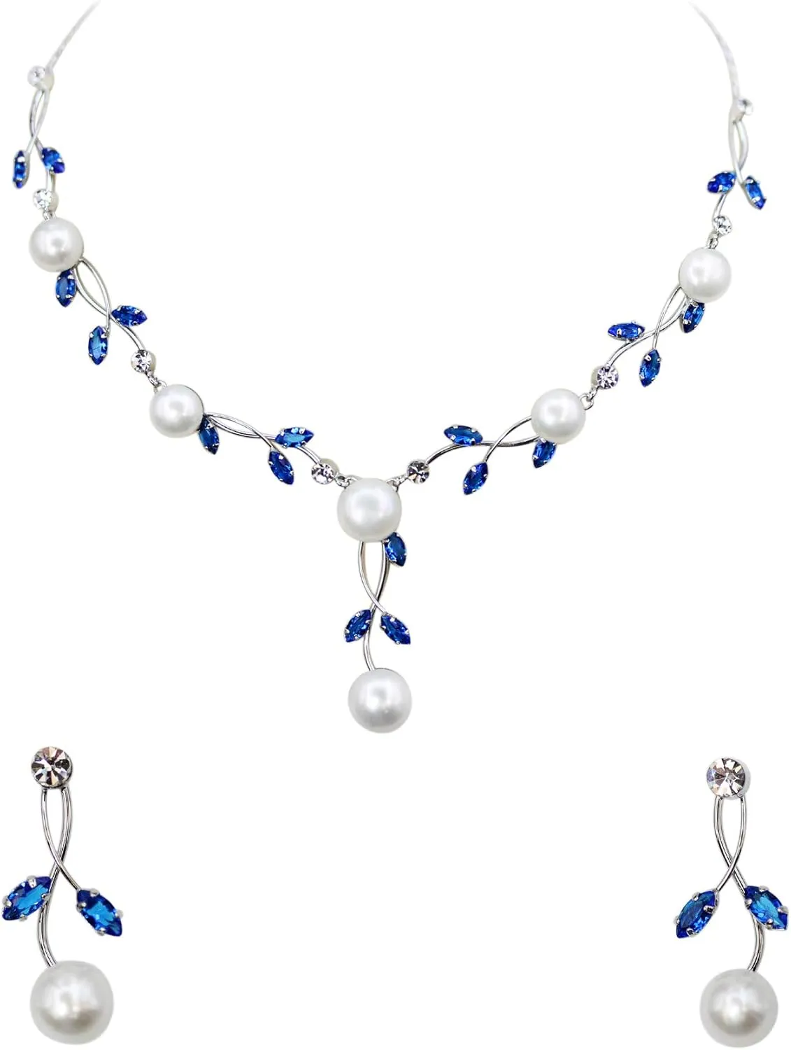 Faship Gorgeous CZ Crystal Genuine Freshwater Pearls Floral Necklace Earrings Set