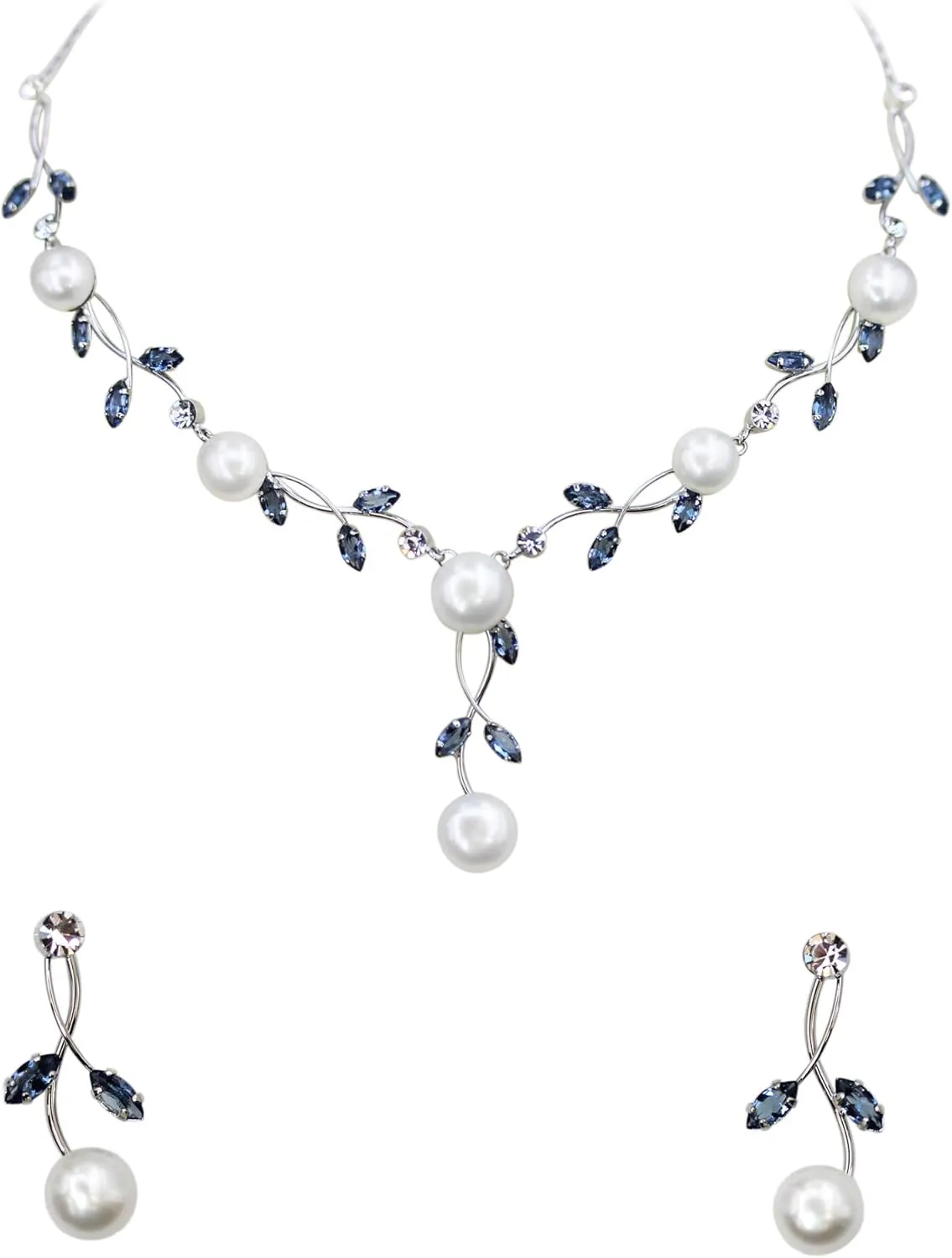 Faship Gorgeous CZ Crystal Genuine Freshwater Pearls Floral Necklace Earrings Set