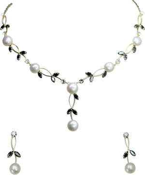 Faship Gorgeous CZ Crystal Genuine Freshwater Pearls Floral Necklace Earrings Set