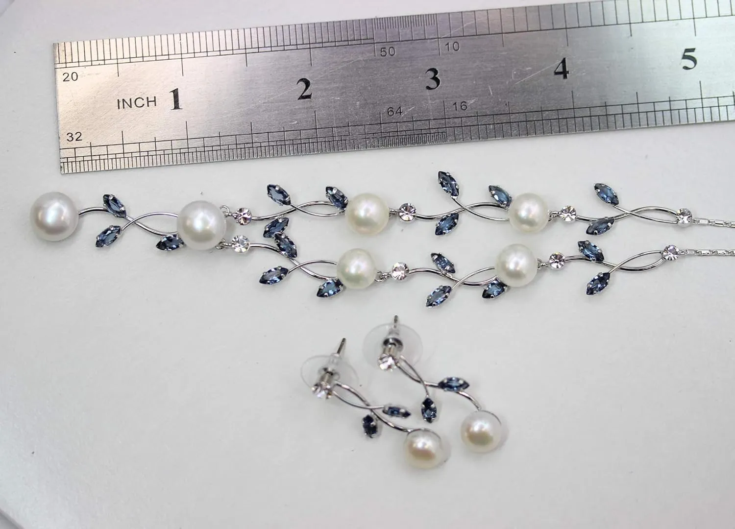 Faship Gorgeous CZ Crystal Genuine Freshwater Pearls Floral Necklace Earrings Set