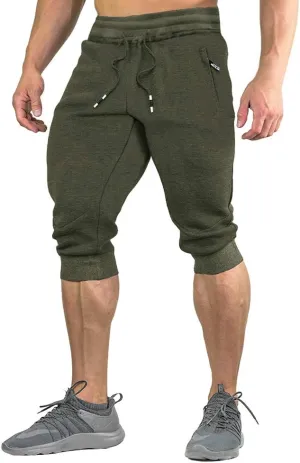 FASKUNOIE Men's Cotton Casual Shorts 3/4 Jogger Capri Pants Breathable Below Knee Short Pants with Three Pockets