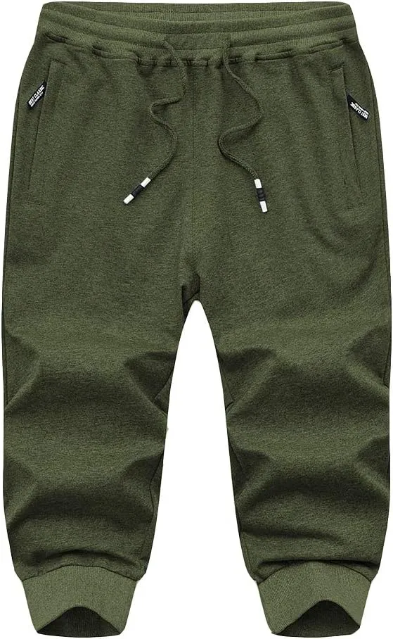 FASKUNOIE Men's Cotton Casual Shorts 3/4 Jogger Capri Pants Breathable Below Knee Short Pants with Three Pockets