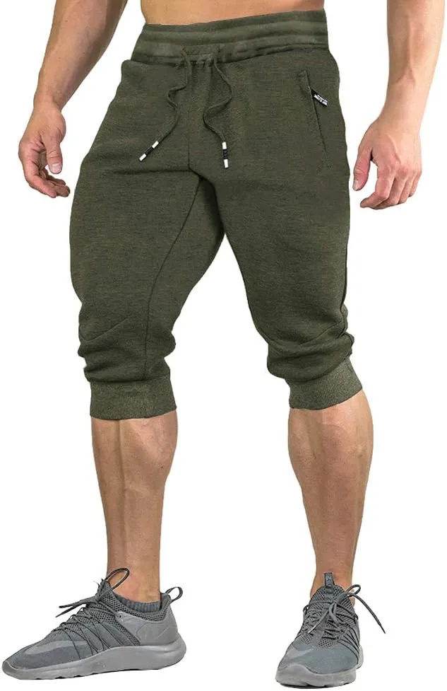 FASKUNOIE Men's Cotton Casual Shorts 3/4 Jogger Capri Pants Breathable Below Knee Short Pants with Three Pockets