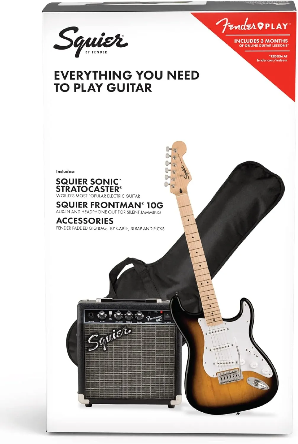 Fender Squier Sonic Strat Pack - 2-Color Sunburst Bundle with Frontman 10G Amp, Gig Bag, Tuner, Strap, Cable, Picks, Fender Play, and Austin Bazaar Guitar DVD