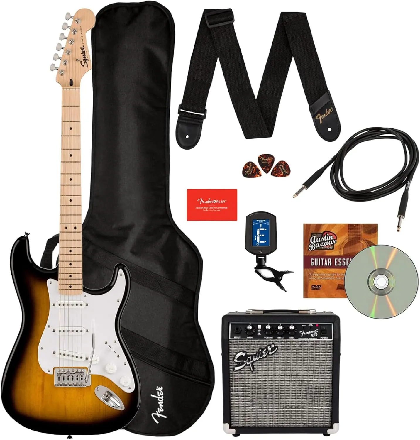 Fender Squier Sonic Strat Pack - 2-Color Sunburst Bundle with Frontman 10G Amp, Gig Bag, Tuner, Strap, Cable, Picks, Fender Play, and Austin Bazaar Guitar DVD