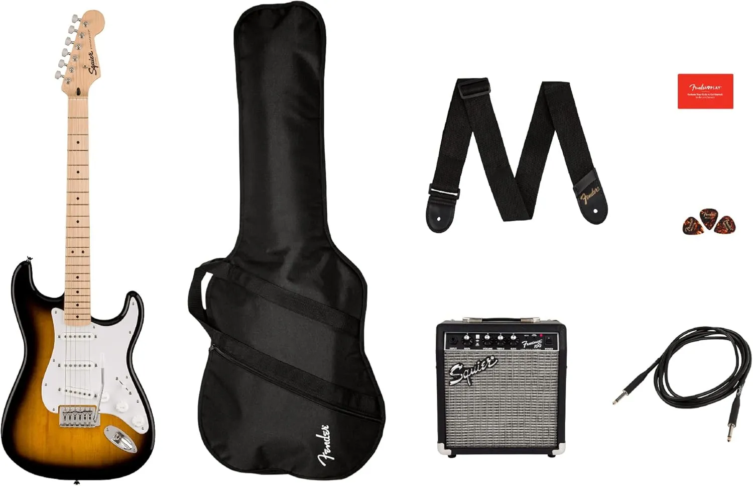 Fender Squier Sonic Strat Pack - 2-Color Sunburst Bundle with Frontman 10G Amp, Gig Bag, Tuner, Strap, Cable, Picks, Fender Play, and Austin Bazaar Guitar DVD