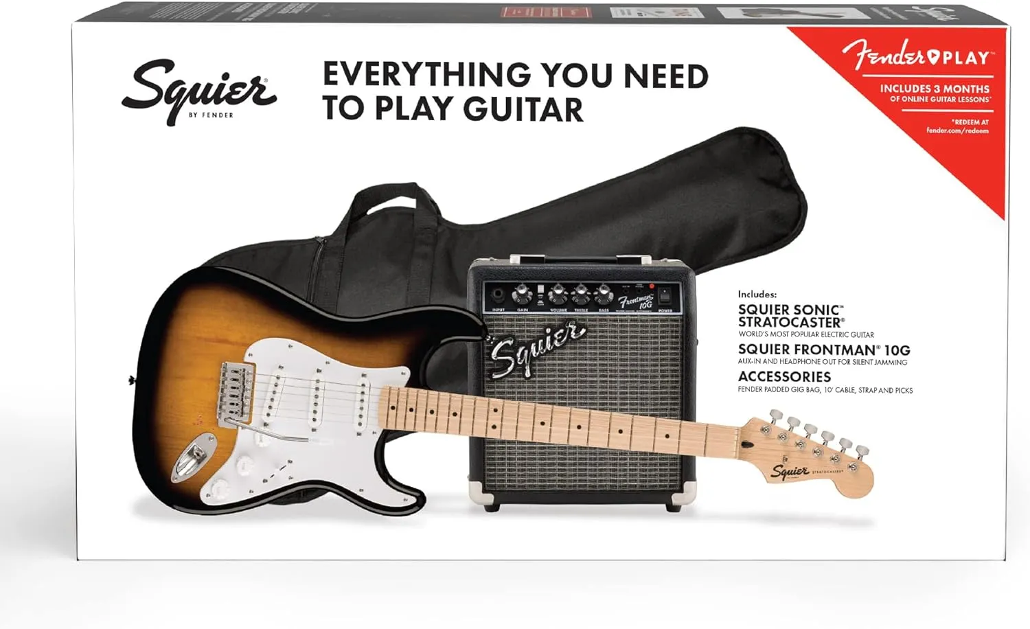 Fender Squier Sonic Strat Pack - 2-Color Sunburst Bundle with Frontman 10G Amp, Gig Bag, Tuner, Strap, Cable, Picks, Fender Play, and Austin Bazaar Guitar DVD