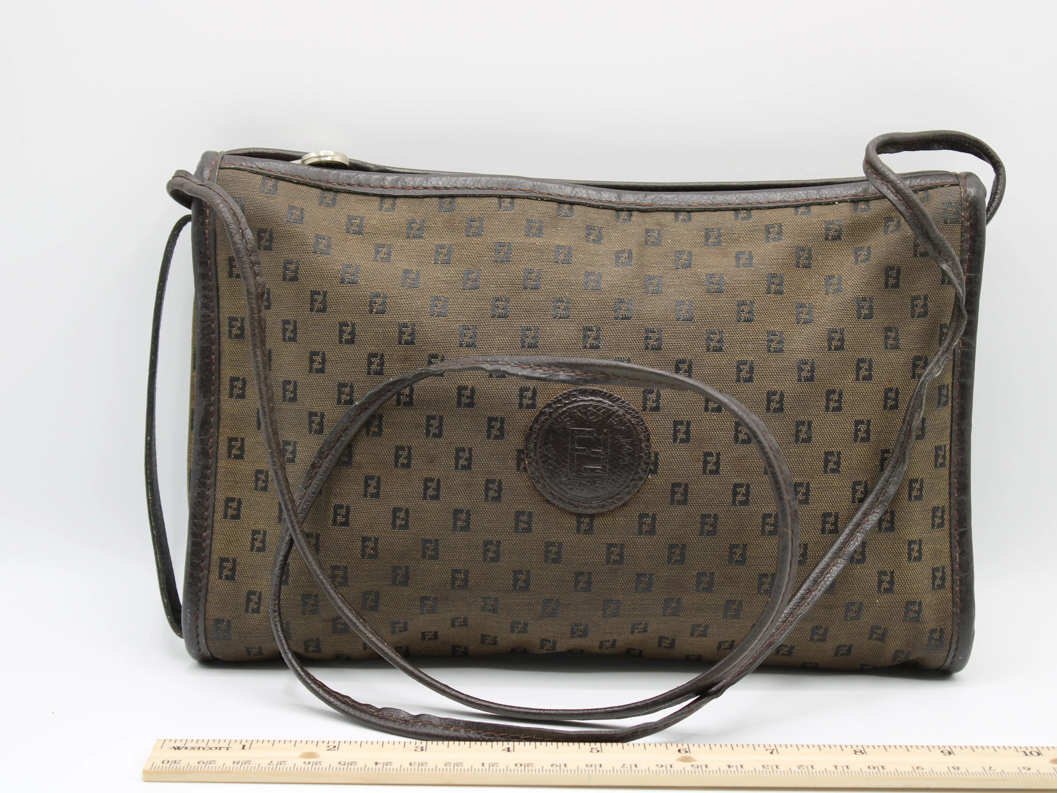 Fendi Brown Canvas Leather FF Zucchino Jacquard Crossbody Bag Vintage