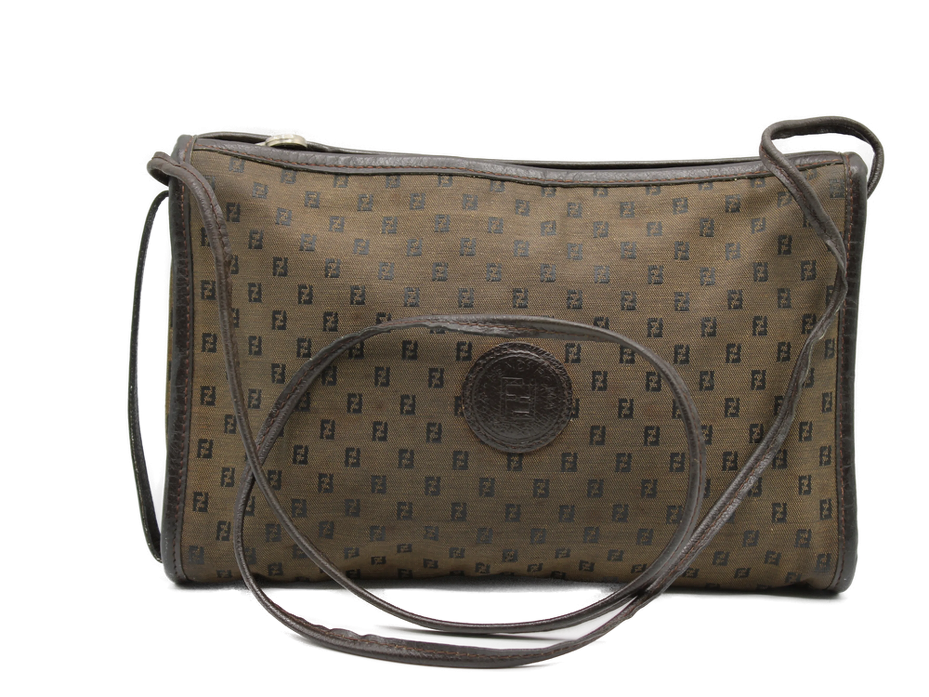 Fendi Brown Canvas Leather FF Zucchino Jacquard Crossbody Bag Vintage