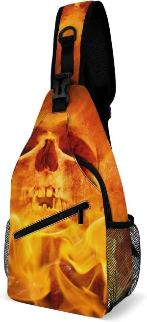 Fire Flaming Skull Crossbody Bag Multipurpose Over Shoulder Sling Backpack Travel Chest Side Pouch Daypack