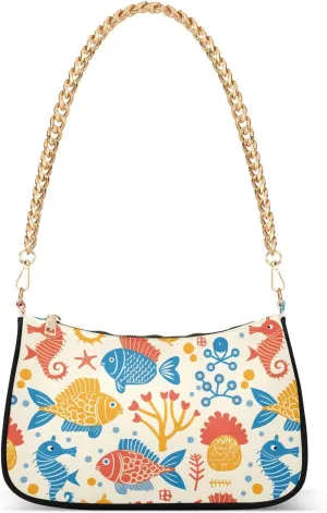 Fish Seahorse Coral Reef Chain Shoulder Bag Hobo Tote Handbag Mini Clutch Purse with Zipper Closure for Women