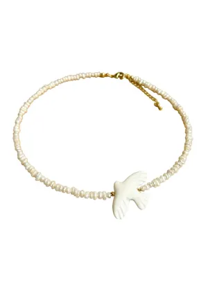 Flying dove bird necklace white freshwater pearl choker ceramic bird pendant Ukrainian jewelry