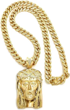 For Jesus Piece Pendant 12mm 24" Ice Bling Miami Cuban Link Chain Gold Plated* Model-SRT-1311