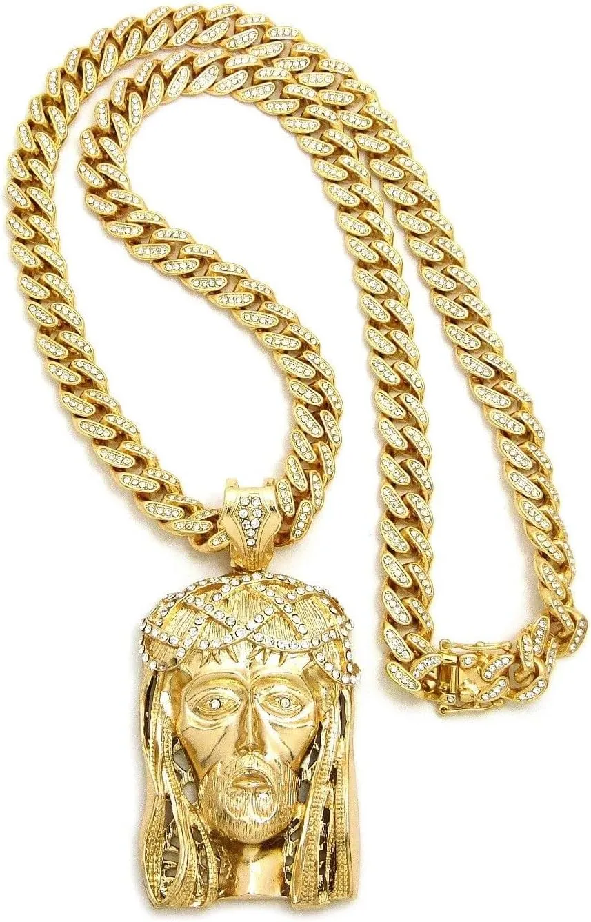 For Jesus Piece Pendant 12mm 24" Ice Bling Miami Cuban Link Chain Gold Plated* Model-SRT-1311
