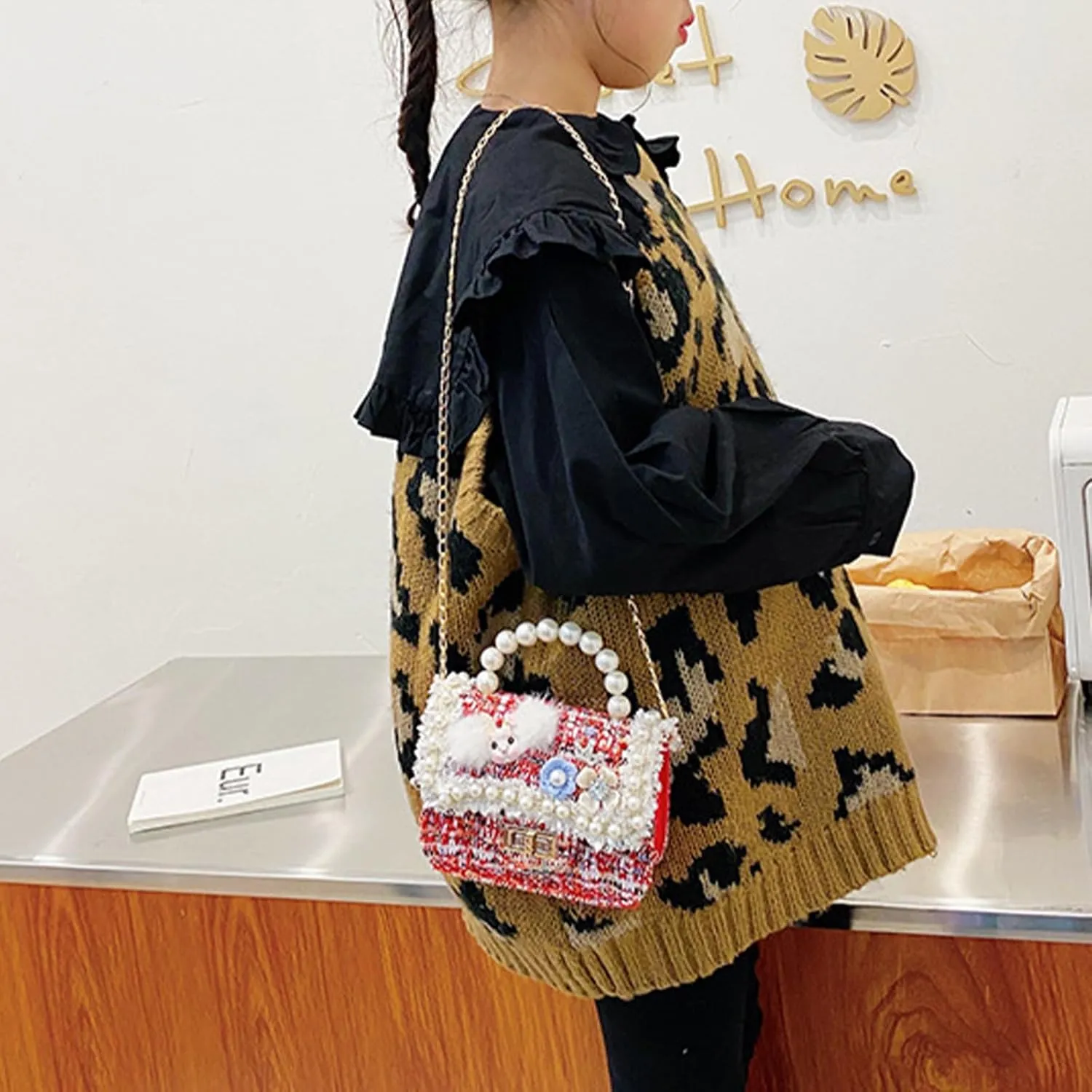 Forwe Little Girls Toddler Crossbody Purse with Pearl Flowers Mini Cute Princess Handbags Shoulder Chain Bag