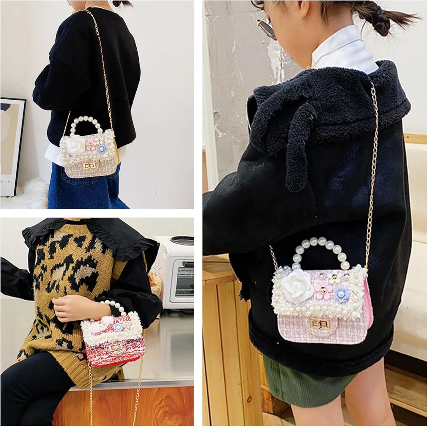 Forwe Little Girls Toddler Crossbody Purse with Pearl Flowers Mini Cute Princess Handbags Shoulder Chain Bag