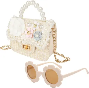 Forwe Little Girls Toddler Crossbody Purse with Pearl Flowers Mini Cute Princess Handbags Shoulder Chain Bag