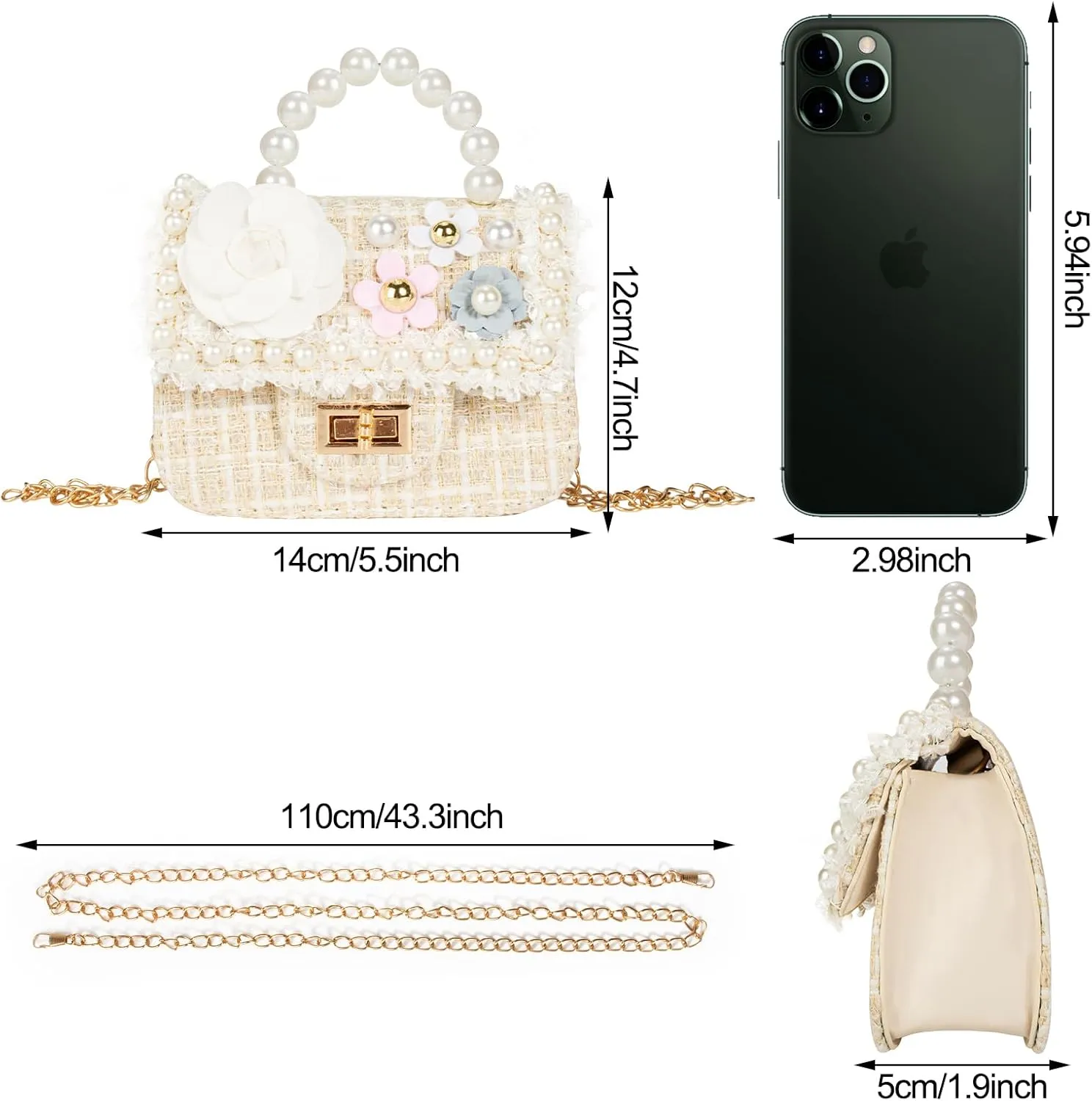 Forwe Little Girls Toddler Crossbody Purse with Pearl Flowers Mini Cute Princess Handbags Shoulder Chain Bag