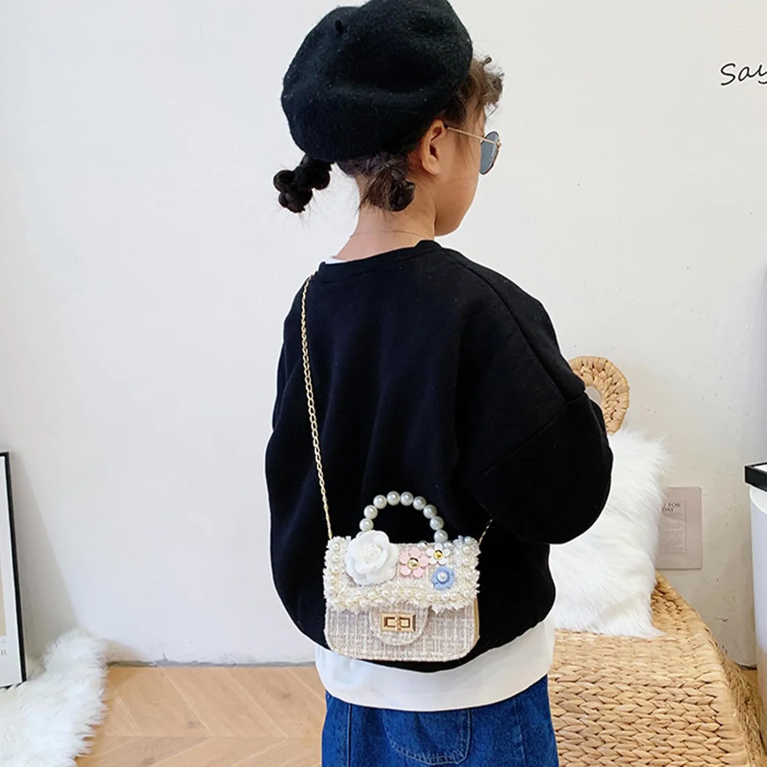 Forwe Little Girls Toddler Crossbody Purse with Pearl Flowers Mini Cute Princess Handbags Shoulder Chain Bag