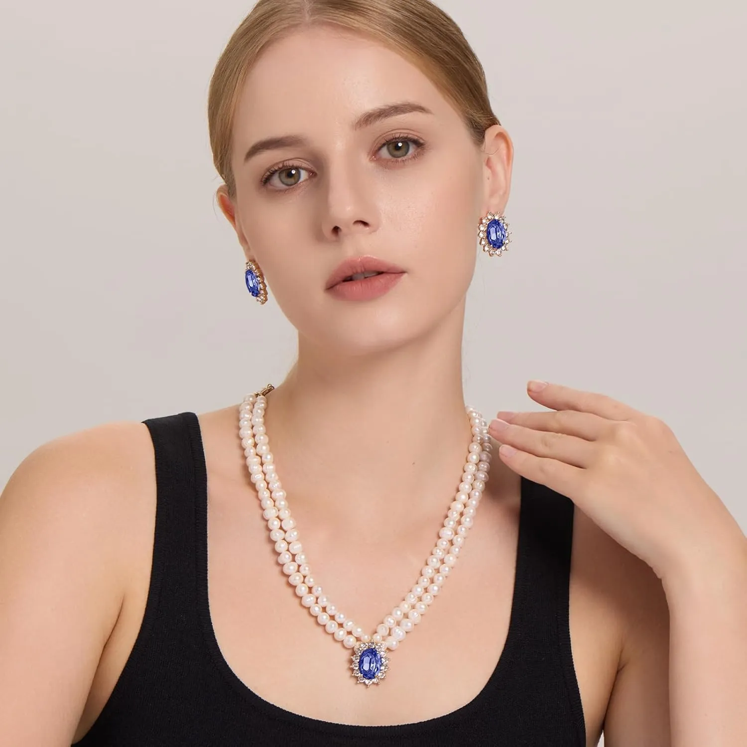Freshwater Cultured Pearl Necklace Set, Costume Jewelry Set Includes Real Pearl Necklace, and Earrings with Gemstones and Rhinestones, Perfect for Valentine's Day, Birthday, Anniversary Vintage Pearl Set Gift