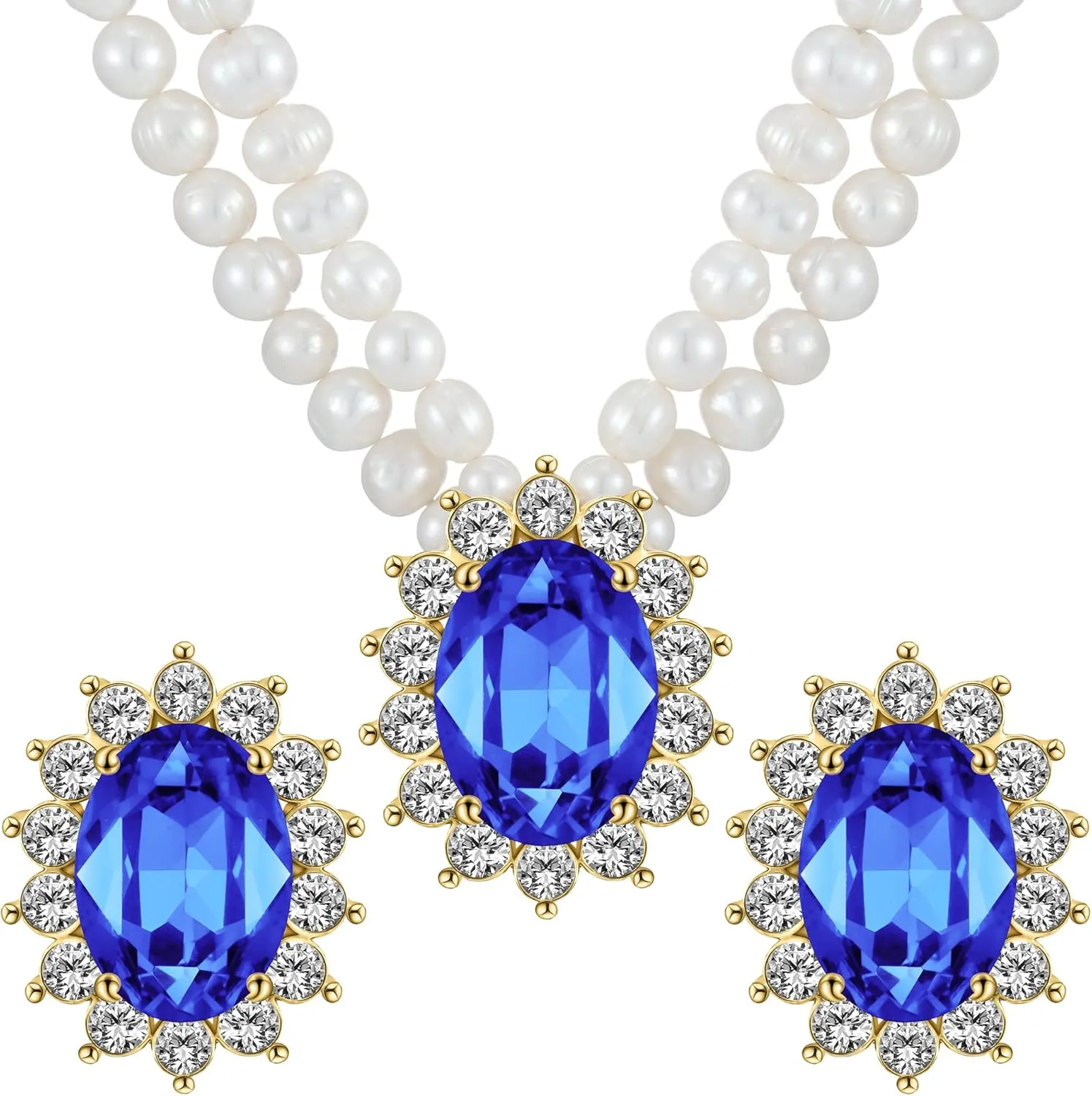 Freshwater Cultured Pearl Necklace Set, Costume Jewelry Set Includes Real Pearl Necklace, and Earrings with Gemstones and Rhinestones, Perfect for Valentine's Day, Birthday, Anniversary Vintage Pearl Set Gift