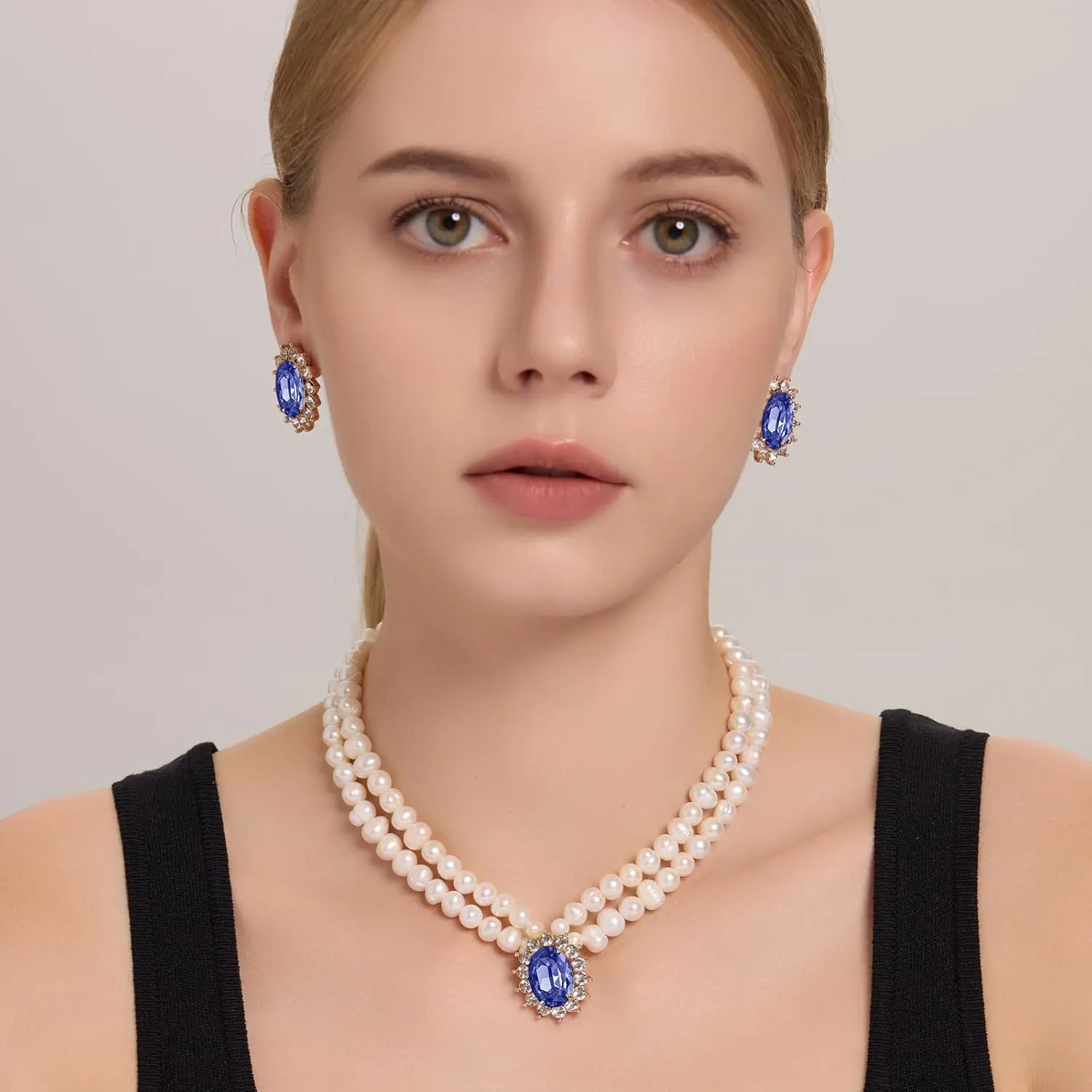 Freshwater Cultured Pearl Necklace Set, Costume Jewelry Set Includes Real Pearl Necklace, and Earrings with Gemstones and Rhinestones, Perfect for Valentine's Day, Birthday, Anniversary Vintage Pearl Set Gift