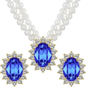 Freshwater Cultured Pearl Necklace Set, Costume Jewelry Set Includes Real Pearl Necklace, and Earrings with Gemstones and Rhinestones, Perfect for Valentine's Day, Birthday, Anniversary Vintage Pearl Set Gift