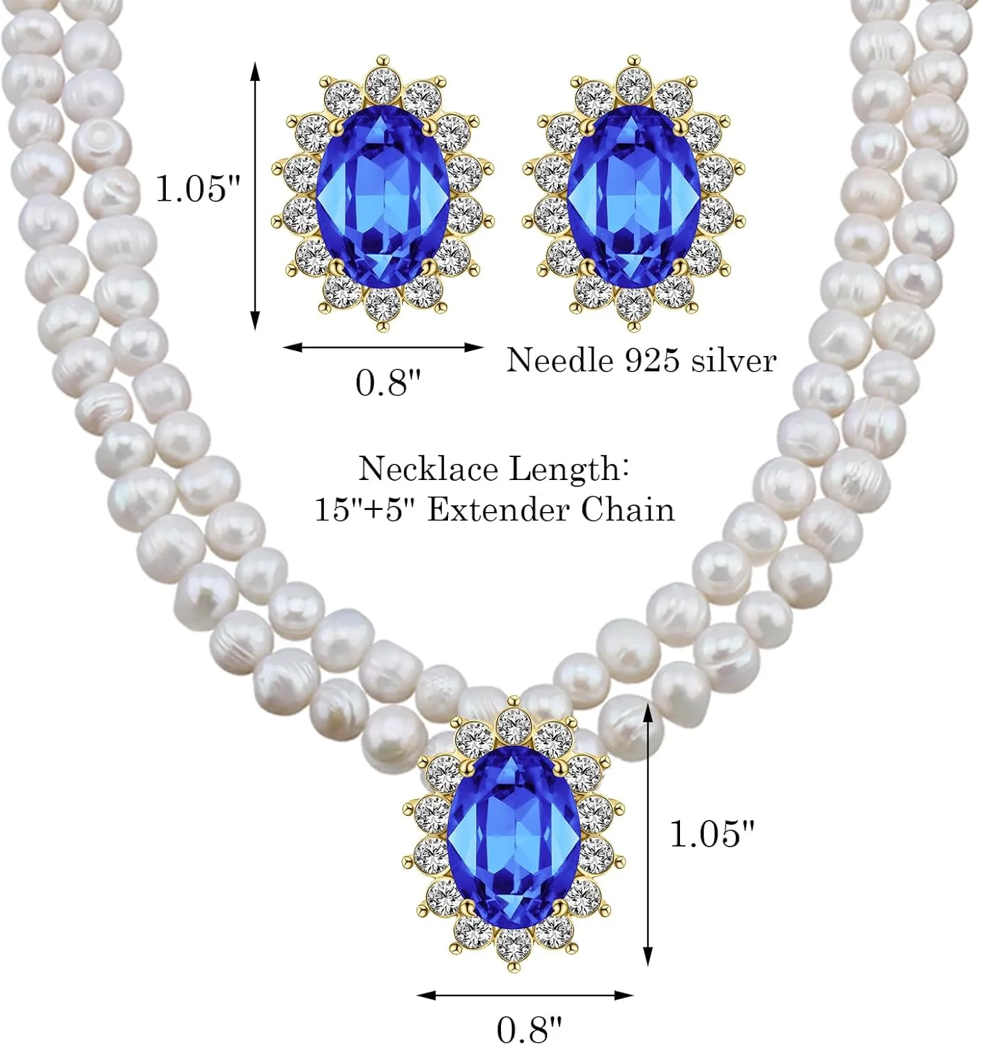 Freshwater Cultured Pearl Necklace Set, Costume Jewelry Set Includes Real Pearl Necklace, and Earrings with Gemstones and Rhinestones, Perfect for Valentine's Day, Birthday, Anniversary Vintage Pearl Set Gift