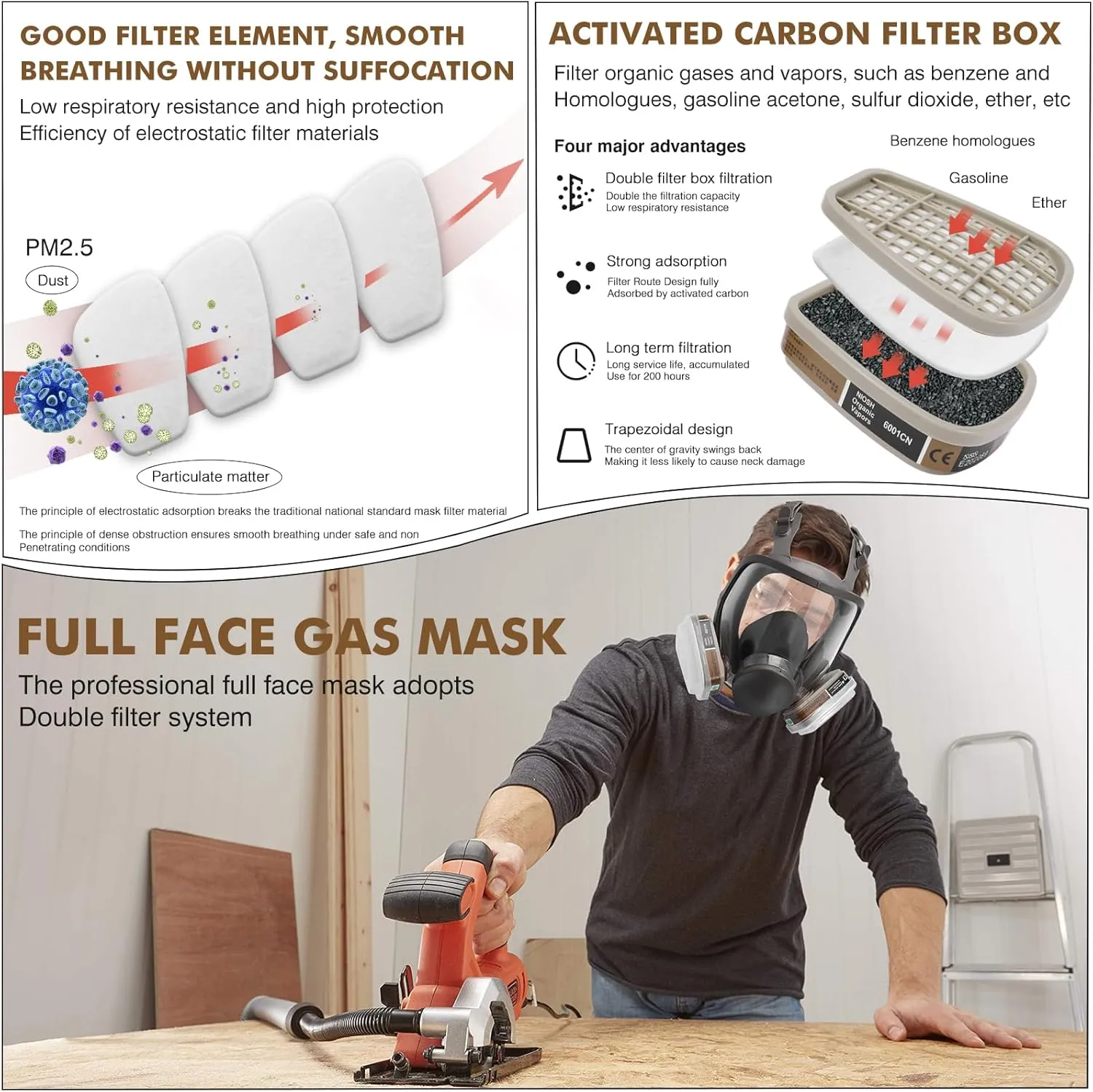 Full Face Respirator Mask, Gas Masks Survival Nuclear and Chemical, Gas Respirator with Activated Carbon Filters