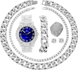Fully Iced Mens Big Rocks Bezel Color Dial with Roman Numerals, Cuban Chain Bracelet, Cuban Necklace, Tennis Chain & Ring - ST10327CRNT