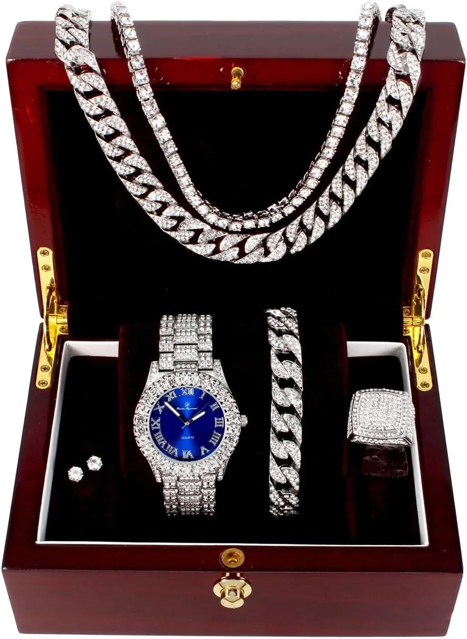 Fully Iced Mens Big Rocks Bezel Color Dial with Roman Numerals, Cuban Chain Bracelet, Cuban Necklace, Tennis Chain & Ring - ST10327CRNT
