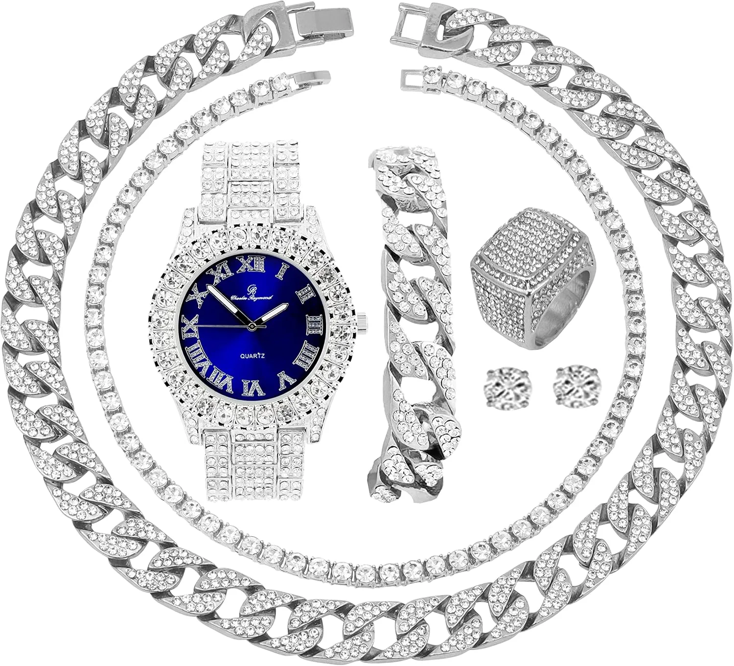 Fully Iced Mens Big Rocks Bezel Color Dial with Roman Numerals, Cuban Chain Bracelet, Cuban Necklace, Tennis Chain & Ring - ST10327CRNT