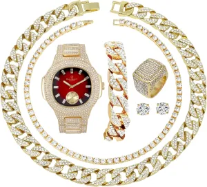 Fully Iced Mens Big Rocks Bezel Color Dial with Roman Numerals, Cuban Chain Bracelet, Cuban Necklace, Tennis Chain & Ring - ST10327CRNT