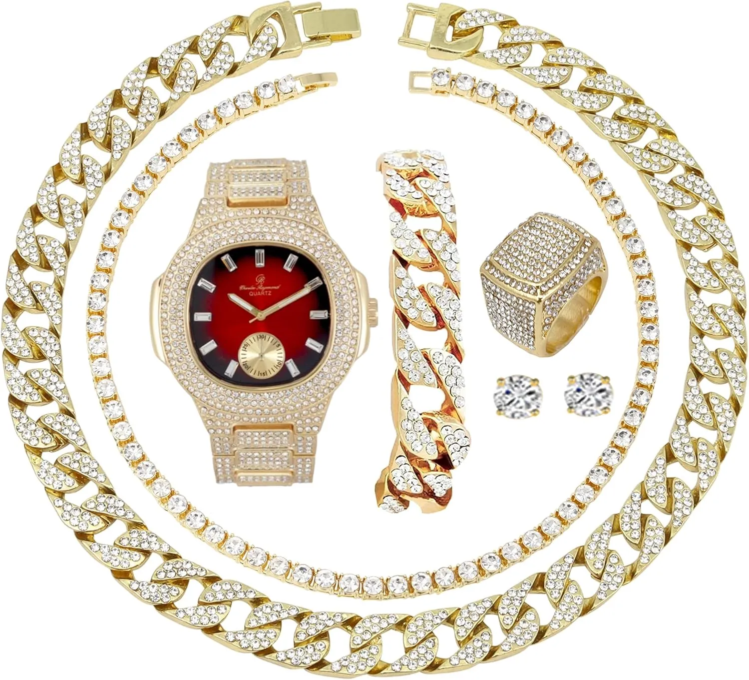 Fully Iced Mens Big Rocks Bezel Color Dial with Roman Numerals, Cuban Chain Bracelet, Cuban Necklace, Tennis Chain & Ring - ST10327CRNT