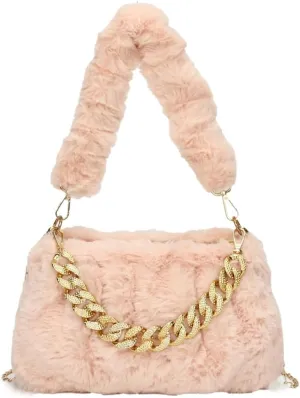 Furry Shoulder Crossbody Bag for Women Fuzzy Faux Fur Hobo Tote Handbag Plush Handbag Pearl Chain Armpit Purse