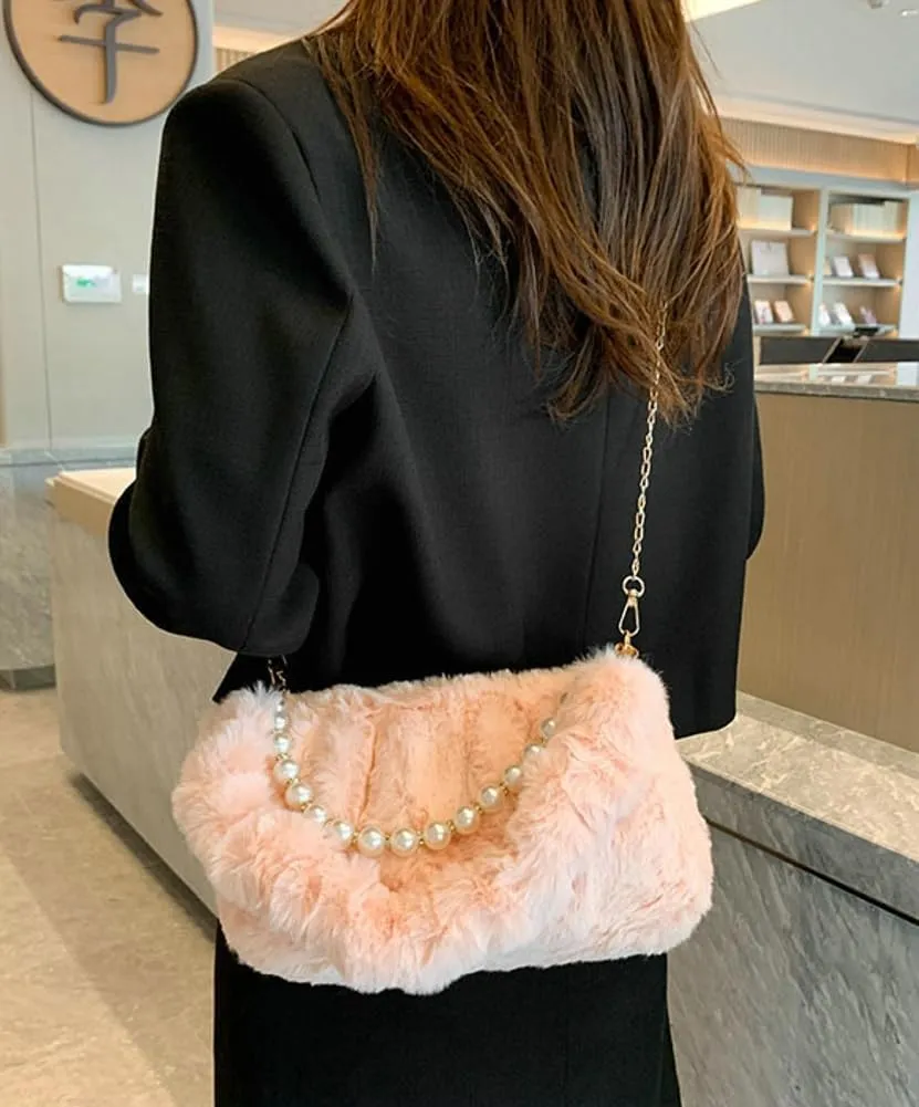 Furry Shoulder Crossbody Bag for Women Fuzzy Faux Fur Hobo Tote Handbag Plush Handbag Pearl Chain Armpit Purse