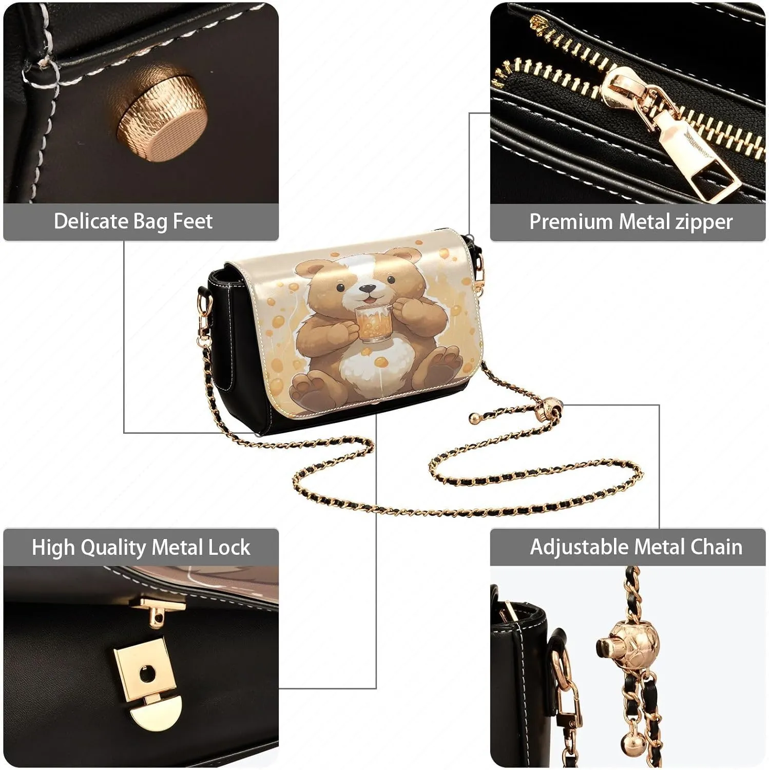 GAIGEO Bear Drink Milk Leather Crossbody Bags, Crossbody Purses for Women Leather, Leather Zipper Shoulder Bag