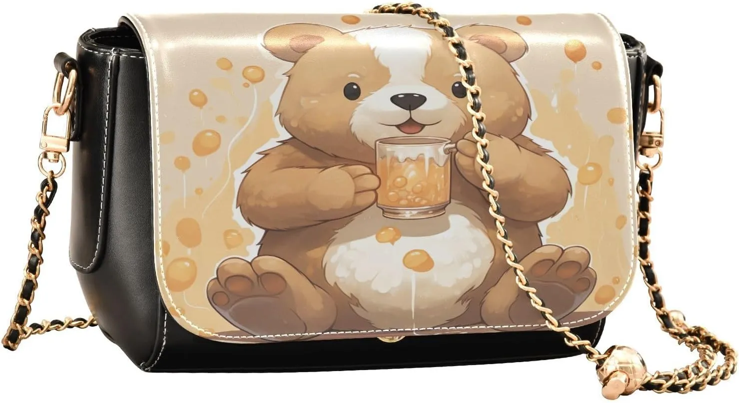 GAIGEO Bear Drink Milk Leather Crossbody Bags, Crossbody Purses for Women Leather, Leather Zipper Shoulder Bag