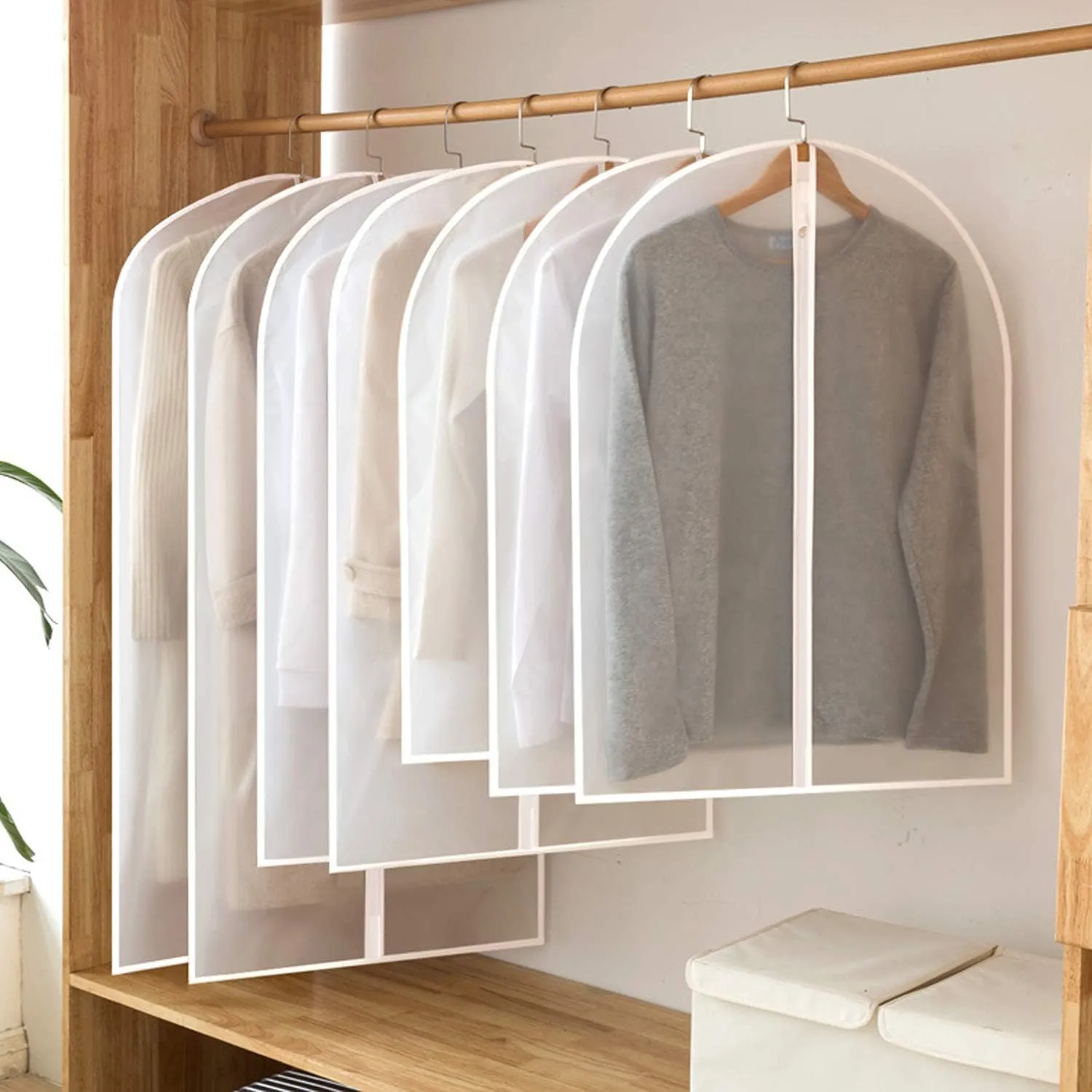 Garment Bags for Long Dresses,60in Clear Hanging Lightweight White Breathable Dust Proof Covers with Study Full Zipper for Clothes Storage Closet Pack of 6